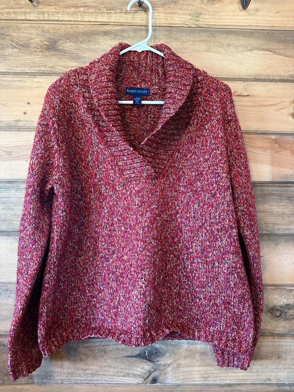 Karen Scott Marled Red Shawl-Collar Sweater